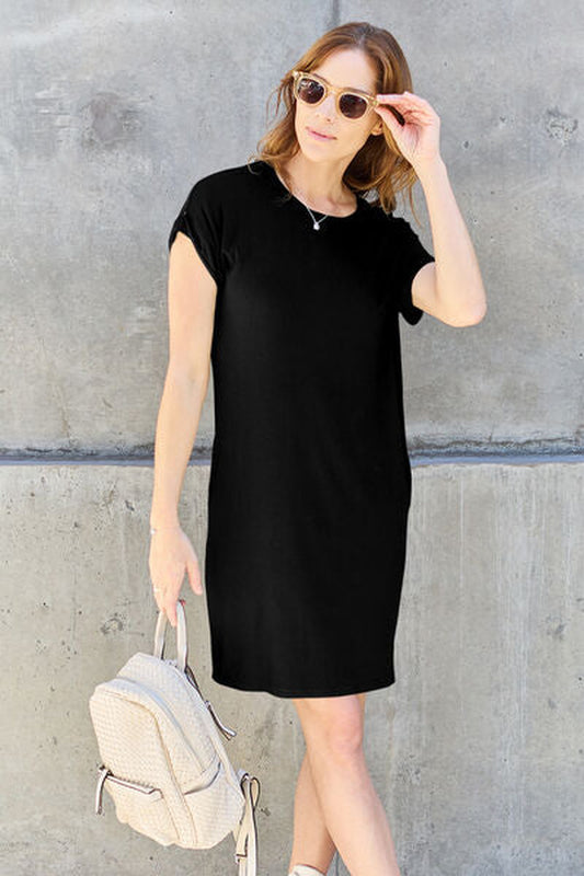 Bamboo Full-Size Round Neck Short Sleeve Dress with Pockets by Basic Bae