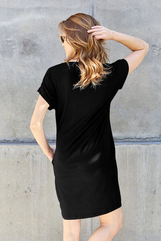 Bamboo Full-Size Round Neck Short Sleeve Dress with Pockets by Basic Bae